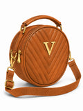 Women’s Brown Round Quilted Crossbody Sling Bag with Gold Hardware